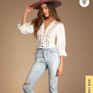 NWT Free People Louella Embroidered White Buttons Closure Top Blouse Size Small